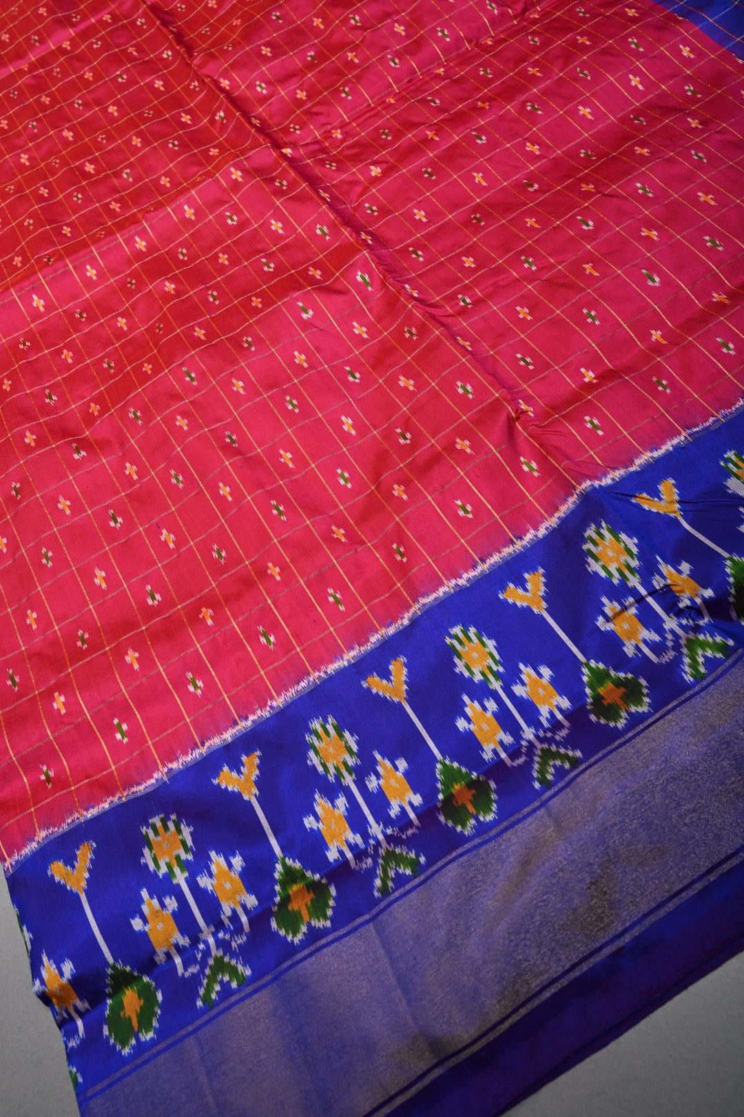 Hot Pink Checks Design on Pochampally Ikkat Pure Silk Saree with Meenakari Buttas and Contrast Panel on Tissue Border | SILK MARK CERTIFIED | SHOBITAM