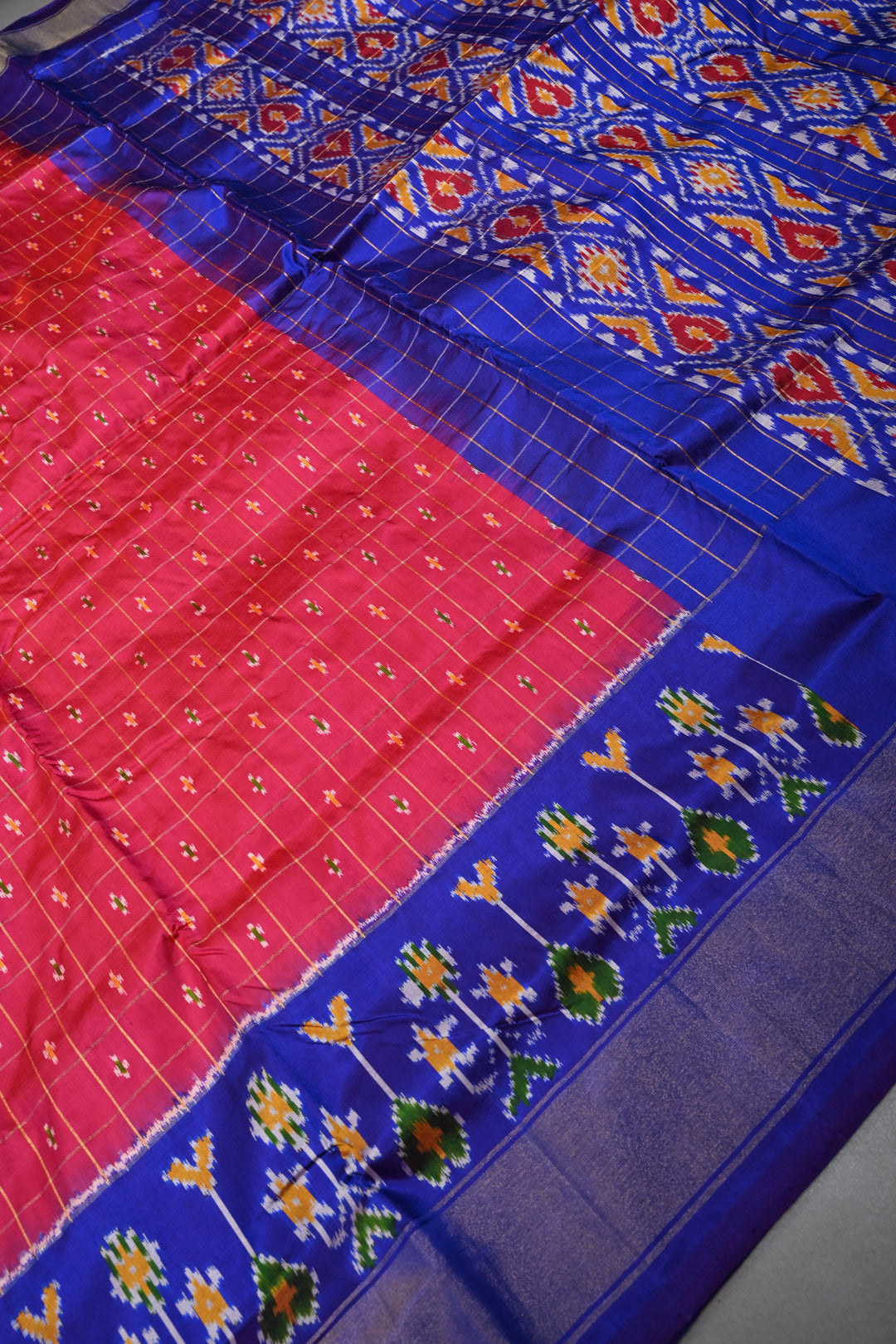 Hot Pink Checks Design on Pochampally Ikkat Pure Silk Saree with Meenakari Buttas and Contrast Panel on Tissue Border | SILK MARK CERTIFIED | SHOBITAM