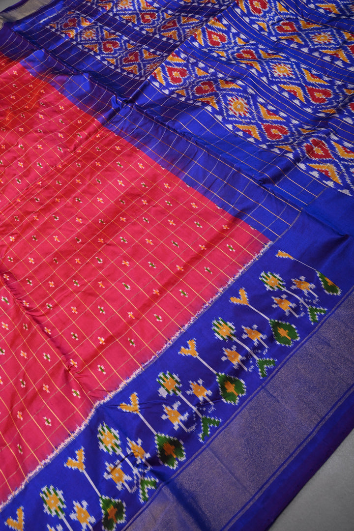 Hot Pink Checks Design on Pochampally Ikkat Pure Silk Saree with Meenakari Buttas and Contrast Panel on Tissue Border | SILK MARK CERTIFIED | SHOBITAM