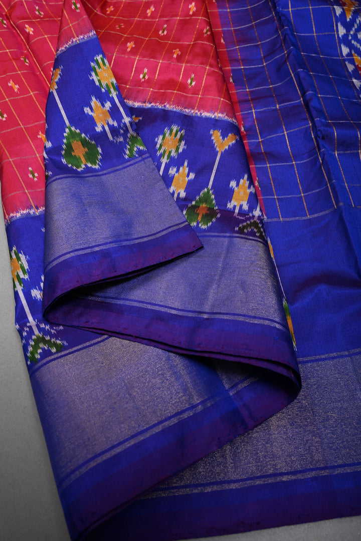 Hot Pink Checks Design on Pochampally Ikkat Pure Silk Saree with Meenakari Buttas and Contrast Panel on Tissue Border | SILK MARK CERTIFIED | SHOBITAM