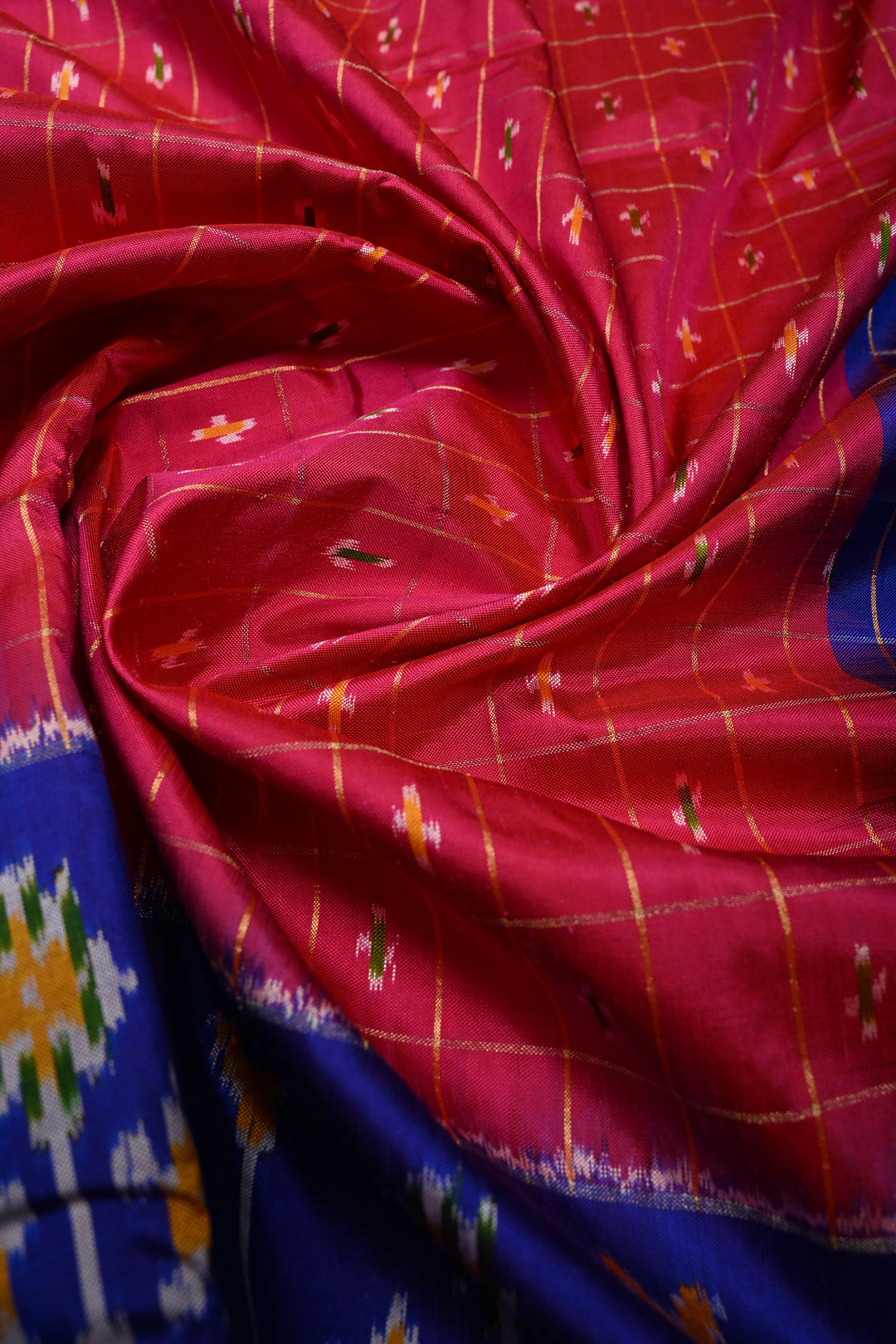 Hot Pink Checks Design on Pochampally Ikkat Pure Silk Saree with Meenakari Buttas and Contrast Panel on Tissue Border | SILK MARK CERTIFIED | SHOBITAM
