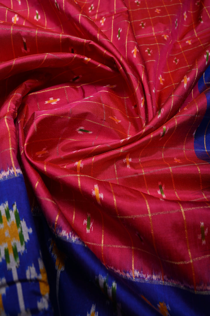 Hot Pink Checks Design on Pochampally Ikkat Pure Silk Saree with Meenakari Buttas and Contrast Panel on Tissue Border | SILK MARK CERTIFIED | SHOBITAM