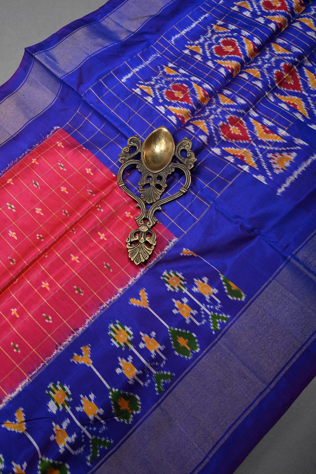 Hot Pink Checks Design on Pochampally Ikkat Pure Silk Saree with Meenakari Buttas and Contrast Panel on Tissue Border | SILK MARK CERTIFIED | SHOBITAM
