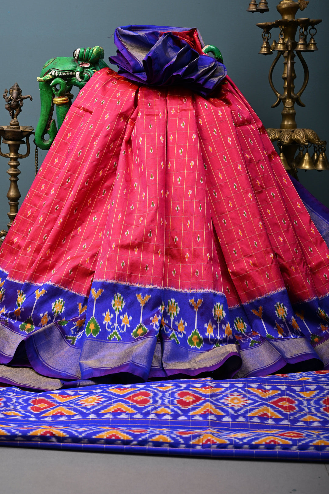 Hot Pink Checks Design on Pochampally Ikkat Pure Silk Saree with Meenakari Buttas and Contrast Panel on Tissue Border | SILK MARK CERTIFIED | SHOBITAM