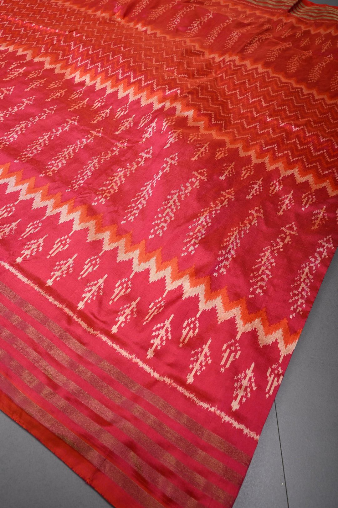 Blood Red-Orange Pochampally Ikkat Pure Silk Half and Half Saree with Multiple Panel Design and Tissue Stripes Border | SILK MARK CERTIFIED | SHOBITAM