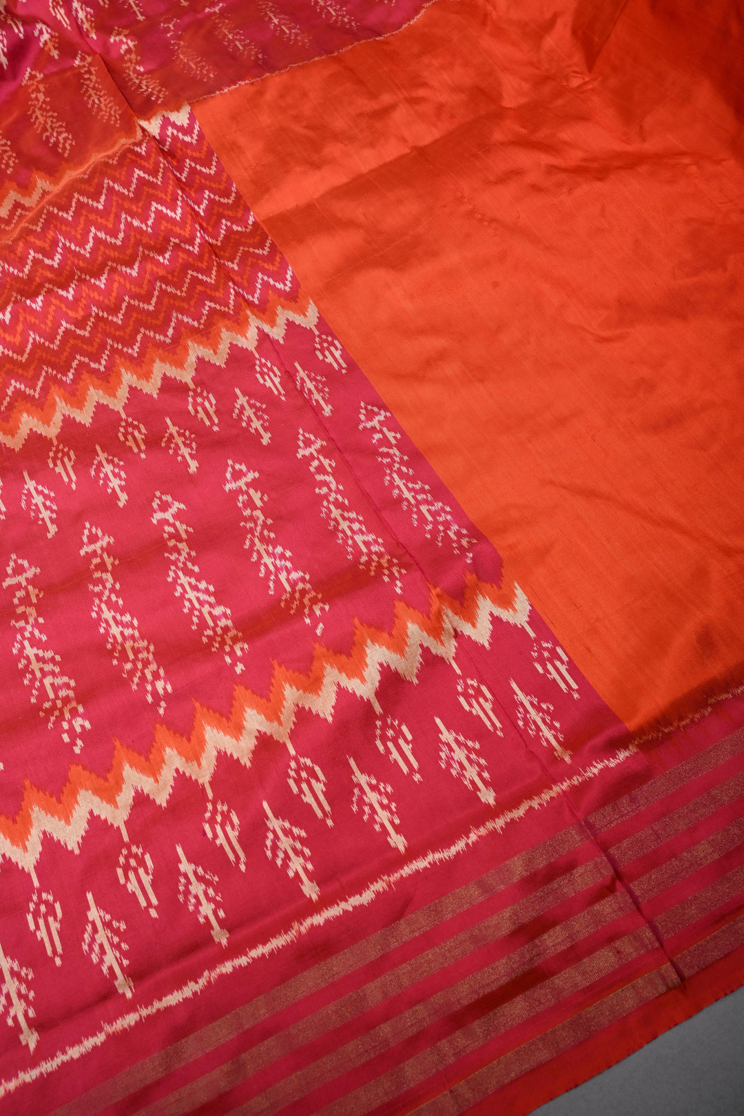 Blood Red-Orange Pochampally Ikkat Pure Silk Half and Half Saree with Multiple Panel Design and Tissue Stripes Border | SILK MARK CERTIFIED | SHOBITAM
