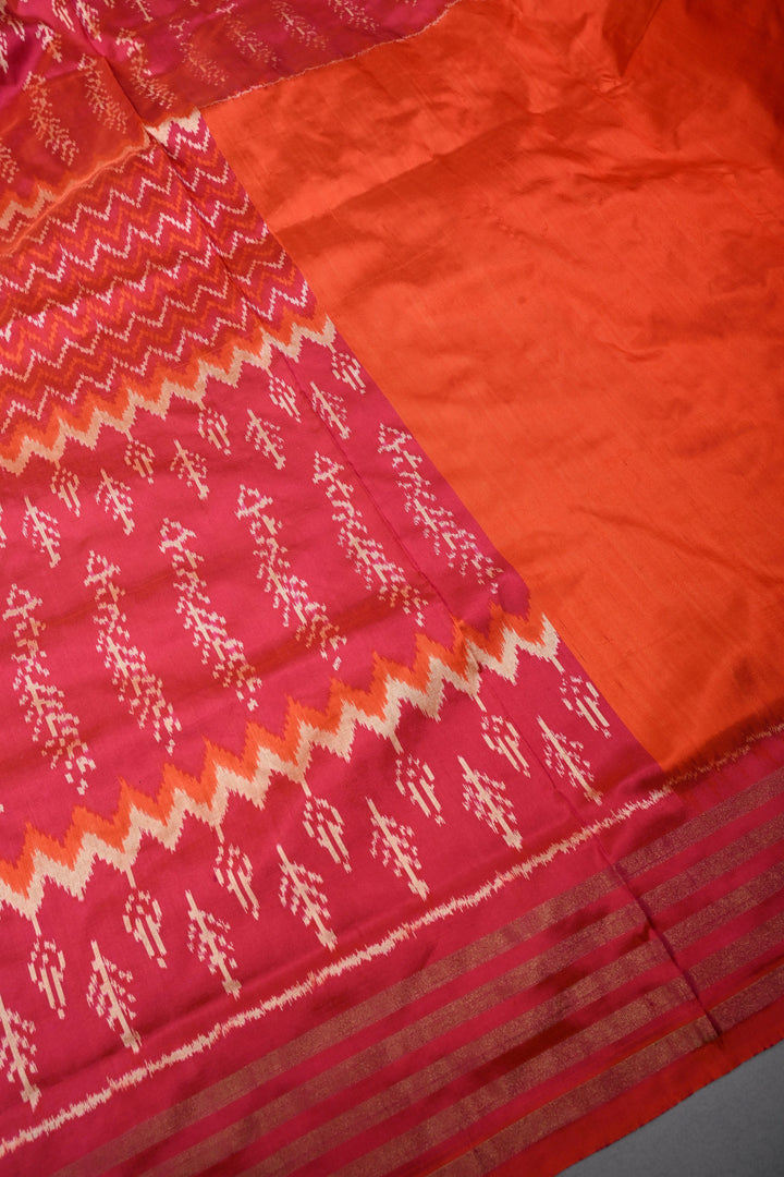 Blood Red-Orange Pochampally Ikkat Pure Silk Half and Half Saree with Multiple Panel Design and Tissue Stripes Border | SILK MARK CERTIFIED | SHOBITAM