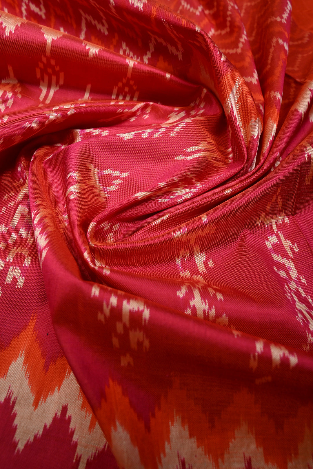 Blood Red-Orange Pochampally Ikkat Pure Silk Half and Half Saree with Multiple Panel Design and Tissue Stripes Border | SILK MARK CERTIFIED | SHOBITAM