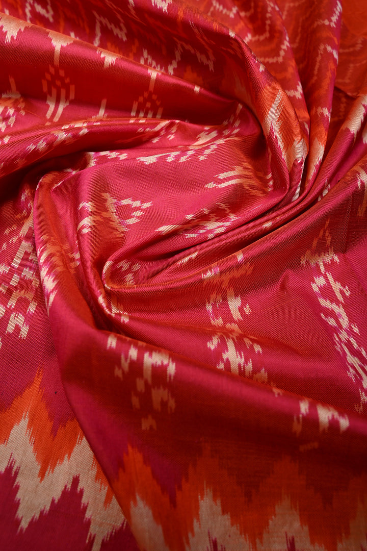 Blood Red-Orange Pochampally Ikkat Pure Silk Half and Half Saree with Multiple Panel Design and Tissue Stripes Border | SILK MARK CERTIFIED | SHOBITAM