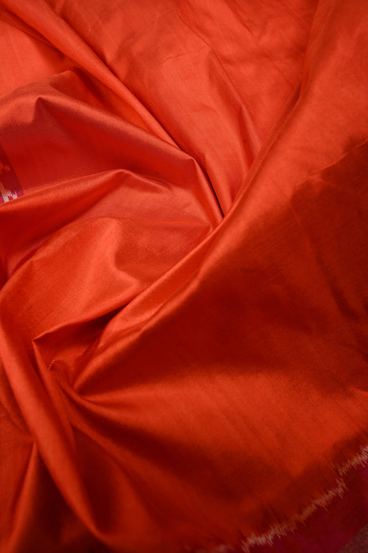 Blood Red-Orange Pochampally Ikkat Pure Silk Half and Half Saree with Multiple Panel Design and Tissue Stripes Border | SILK MARK CERTIFIED | SHOBITAM