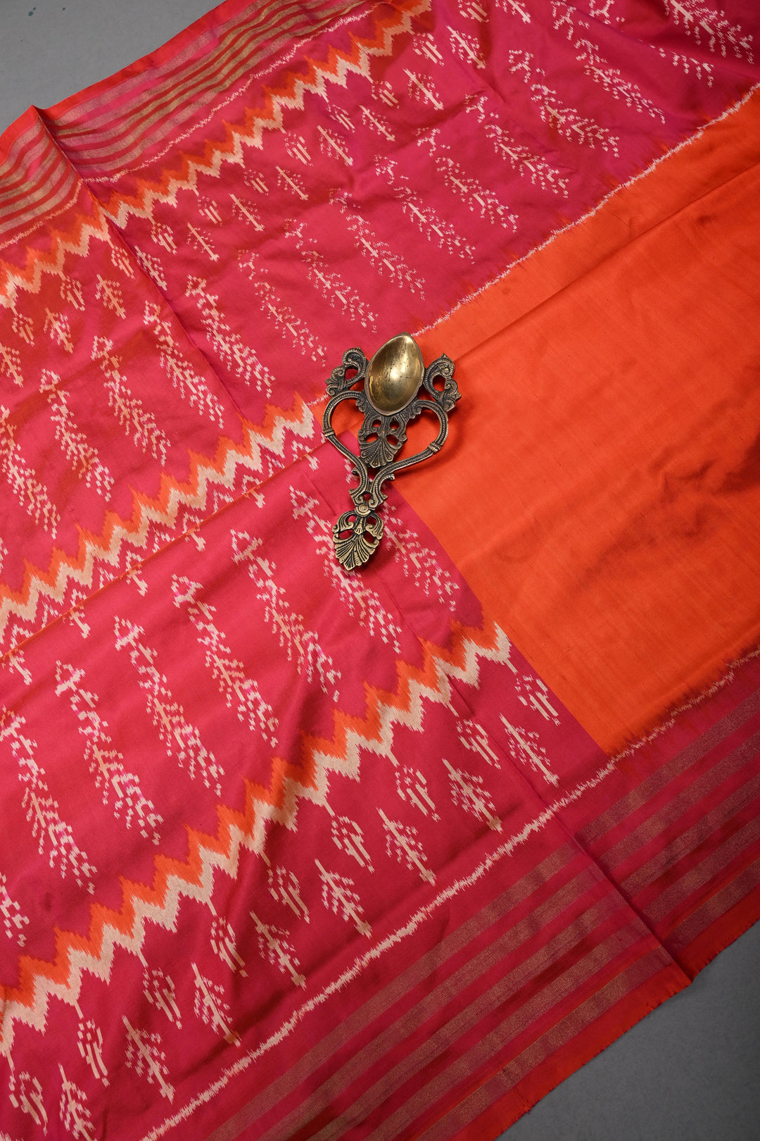 Blood Red-Orange Pochampally Ikkat Pure Silk Half and Half Saree with Multiple Panel Design and Tissue Stripes Border | SILK MARK CERTIFIED | SHOBITAM