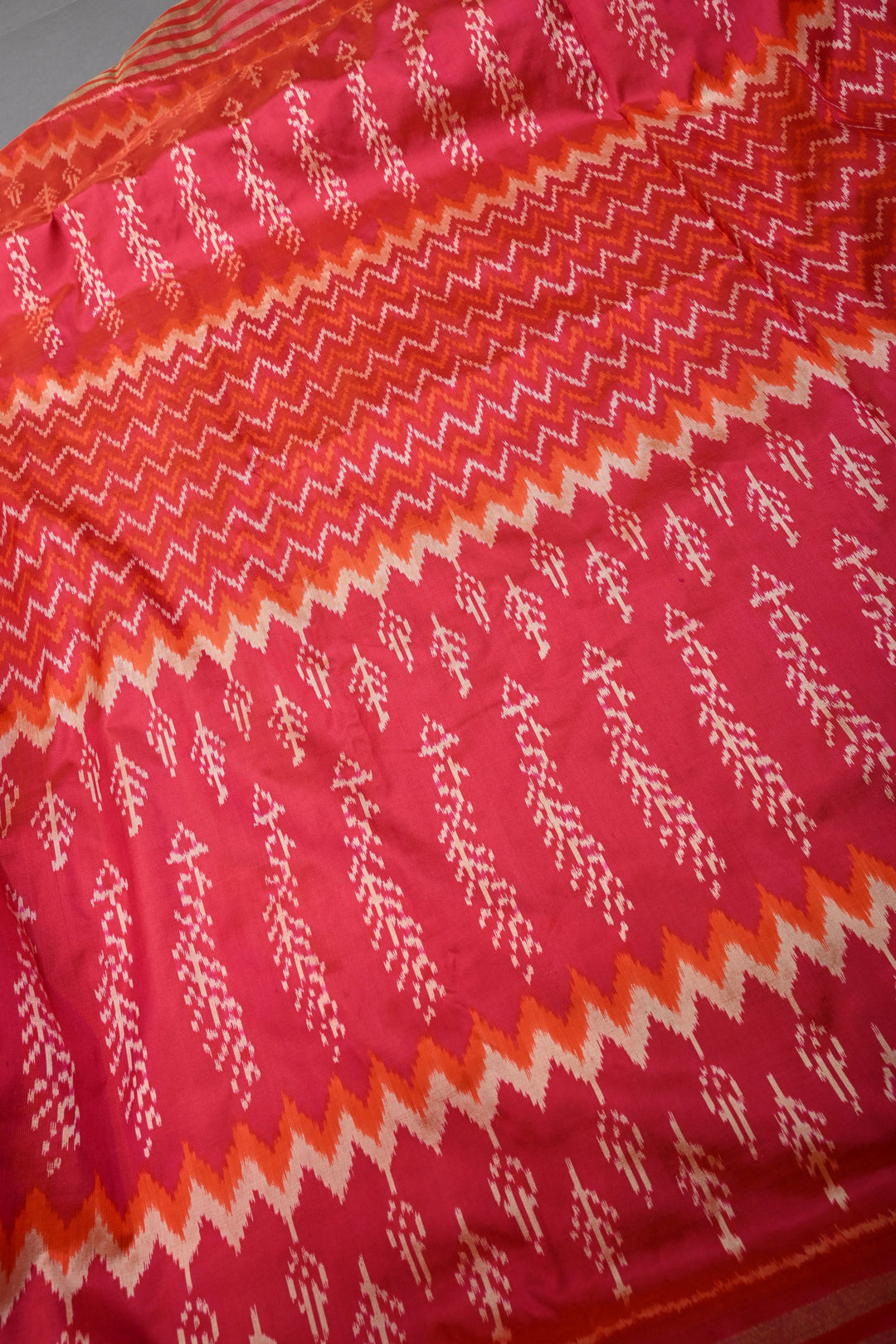 Blood Red-Orange Pochampally Ikkat Pure Silk Half and Half Saree with Multiple Panel Design and Tissue Stripes Border | SILK MARK CERTIFIED | SHOBITAM