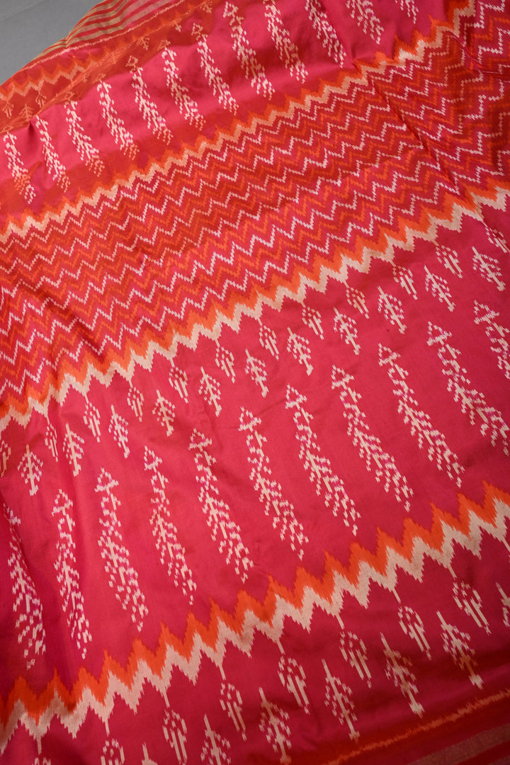 Blood Red-Orange Pochampally Ikkat Pure Silk Half and Half Saree with Multiple Panel Design and Tissue Stripes Border | SILK MARK CERTIFIED | SHOBITAM