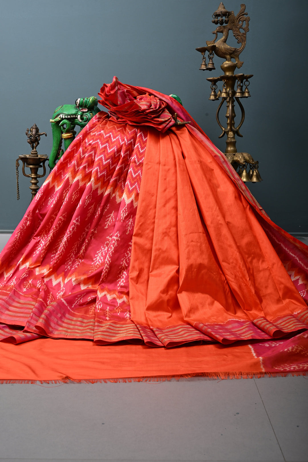 Blood Red-Orange Pochampally Ikkat Pure Silk Half and Half Saree with Multiple Panel Design and Tissue Stripes Border | SILK MARK CERTIFIED | SHOBITAM