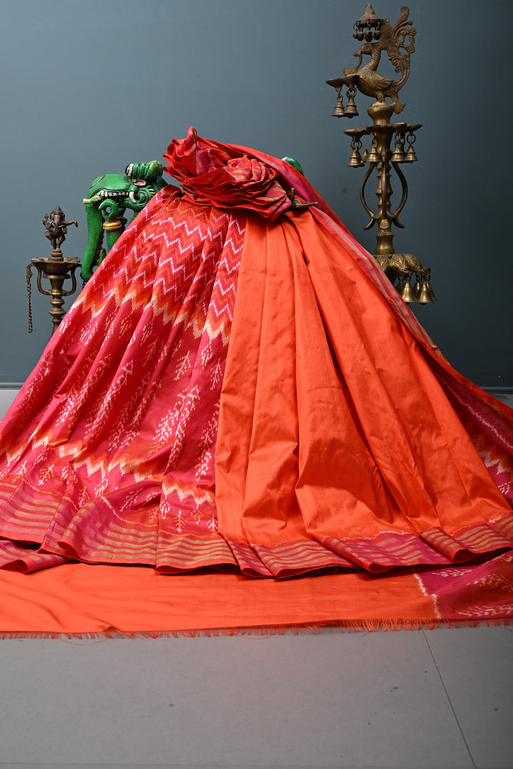 Blood Red-Orange Pochampally Ikkat Pure Silk Half and Half Saree with Multiple Panel Design and Tissue Stripes Border | SILK MARK CERTIFIED | SHOBITAM