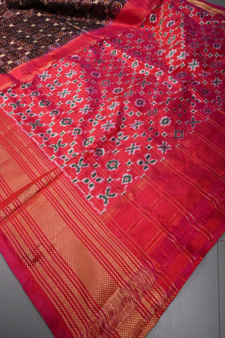 Kanchana  Pochampally Ikkat Pure Silk Saree with Patola Brocade and Contrast Zari Border | SILK MARK CERTIFIED | SHOBITAM