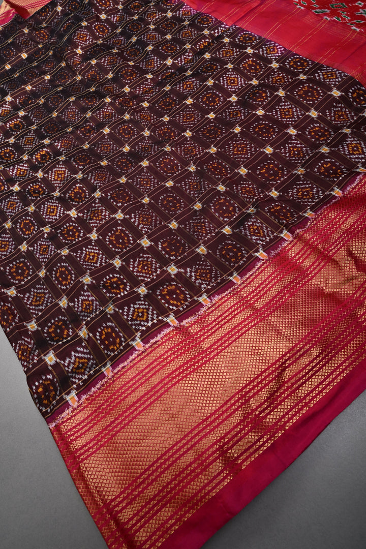 Kanchana  Pochampally Ikkat Pure Silk Saree with Patola Brocade and Contrast Zari Border | SILK MARK CERTIFIED | SHOBITAM
