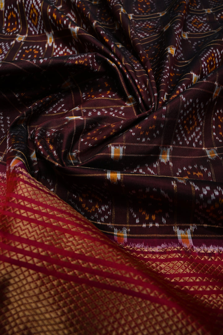 Kanchana  Pochampally Ikkat Pure Silk Saree with Patola Brocade and Contrast Zari Border | SILK MARK CERTIFIED | SHOBITAM