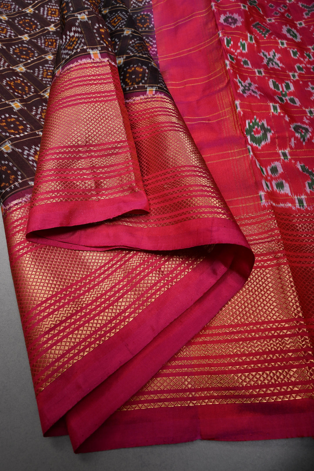 Kanchana  Pochampally Ikkat Pure Silk Saree with Patola Brocade and Contrast Zari Border | SILK MARK CERTIFIED | SHOBITAM