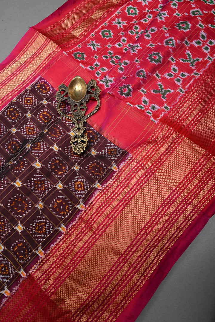 Kanchana  Pochampally Ikkat Pure Silk Saree with Patola Brocade and Contrast Zari Border | SILK MARK CERTIFIED | SHOBITAM