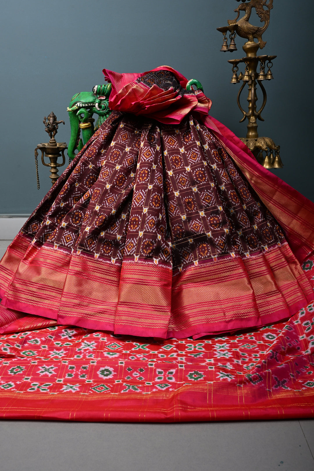 Kanchana  Pochampally Ikkat Pure Silk Saree with Patola Brocade and Contrast Zari Border | SILK MARK CERTIFIED | SHOBITAM