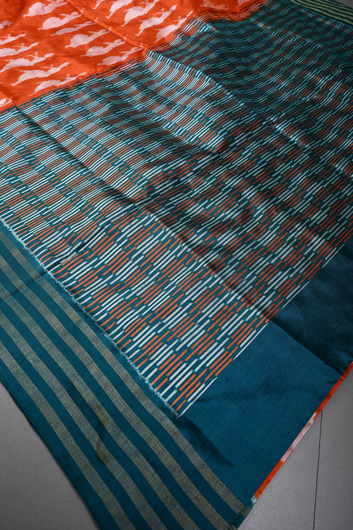 Orange  Pochampally Ikkat Pure Silk Saree with Dancing Ladies Design and Contrast Tissue Stripes Border | SILK MARK CERTIFIED | SHOBITAM