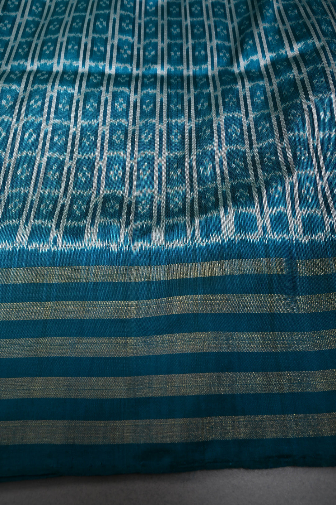 Orange  Pochampally Ikkat Pure Silk Saree with Dancing Ladies Design and Contrast Tissue Stripes Border | SILK MARK CERTIFIED | SHOBITAM