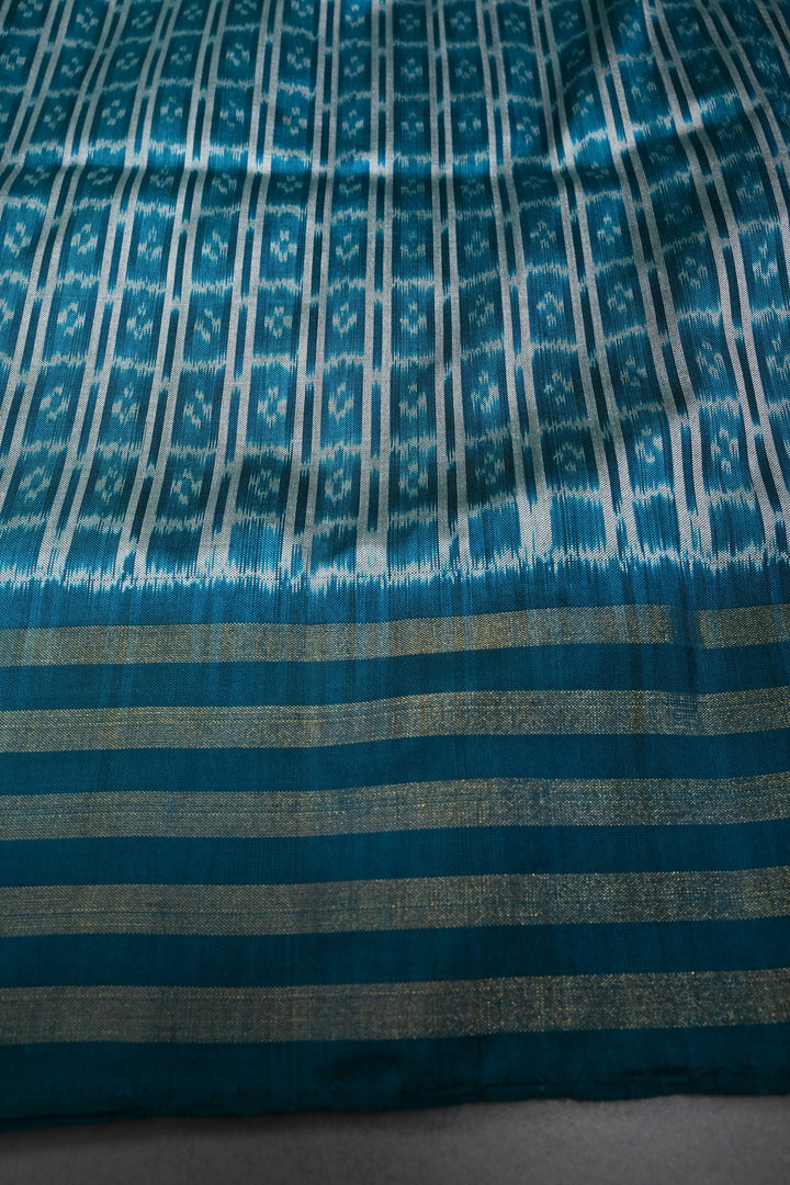 Orange  Pochampally Ikkat Pure Silk Saree with Dancing Ladies Design and Contrast Tissue Stripes Border | SILK MARK CERTIFIED | SHOBITAM