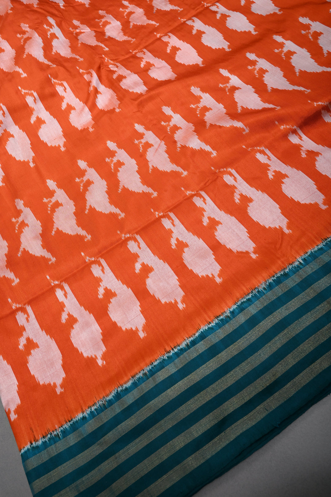 Orange  Pochampally Ikkat Pure Silk Saree with Dancing Ladies Design and Contrast Tissue Stripes Border | SILK MARK CERTIFIED | SHOBITAM