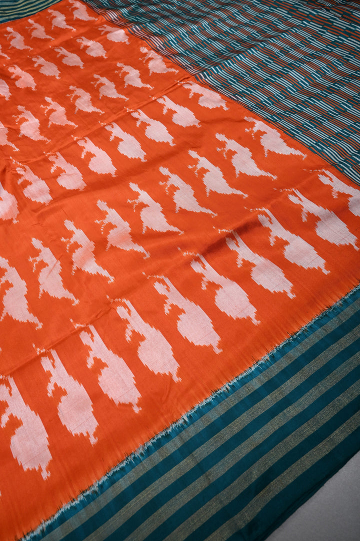 Orange  Pochampally Ikkat Pure Silk Saree with Dancing Ladies Design and Contrast Tissue Stripes Border | SILK MARK CERTIFIED | SHOBITAM