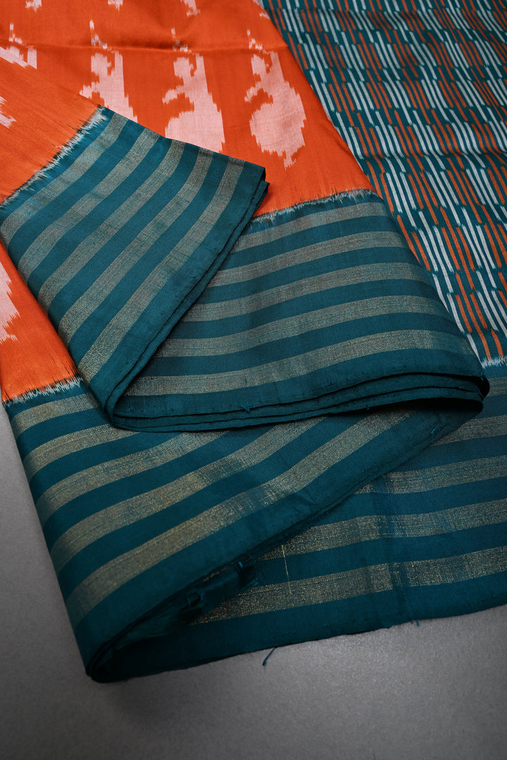 Orange  Pochampally Ikkat Pure Silk Saree with Dancing Ladies Design and Contrast Tissue Stripes Border | SILK MARK CERTIFIED | SHOBITAM