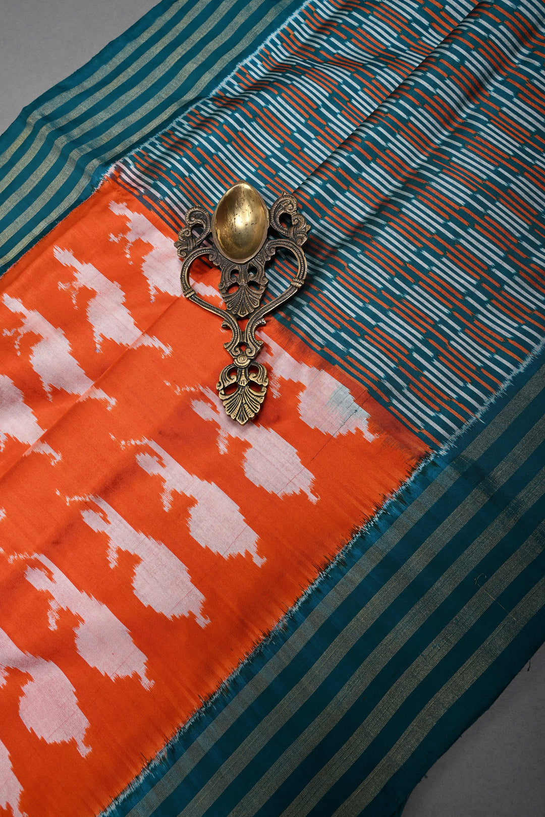 Orange  Pochampally Ikkat Pure Silk Saree with Dancing Ladies Design and Contrast Tissue Stripes Border | SILK MARK CERTIFIED | SHOBITAM