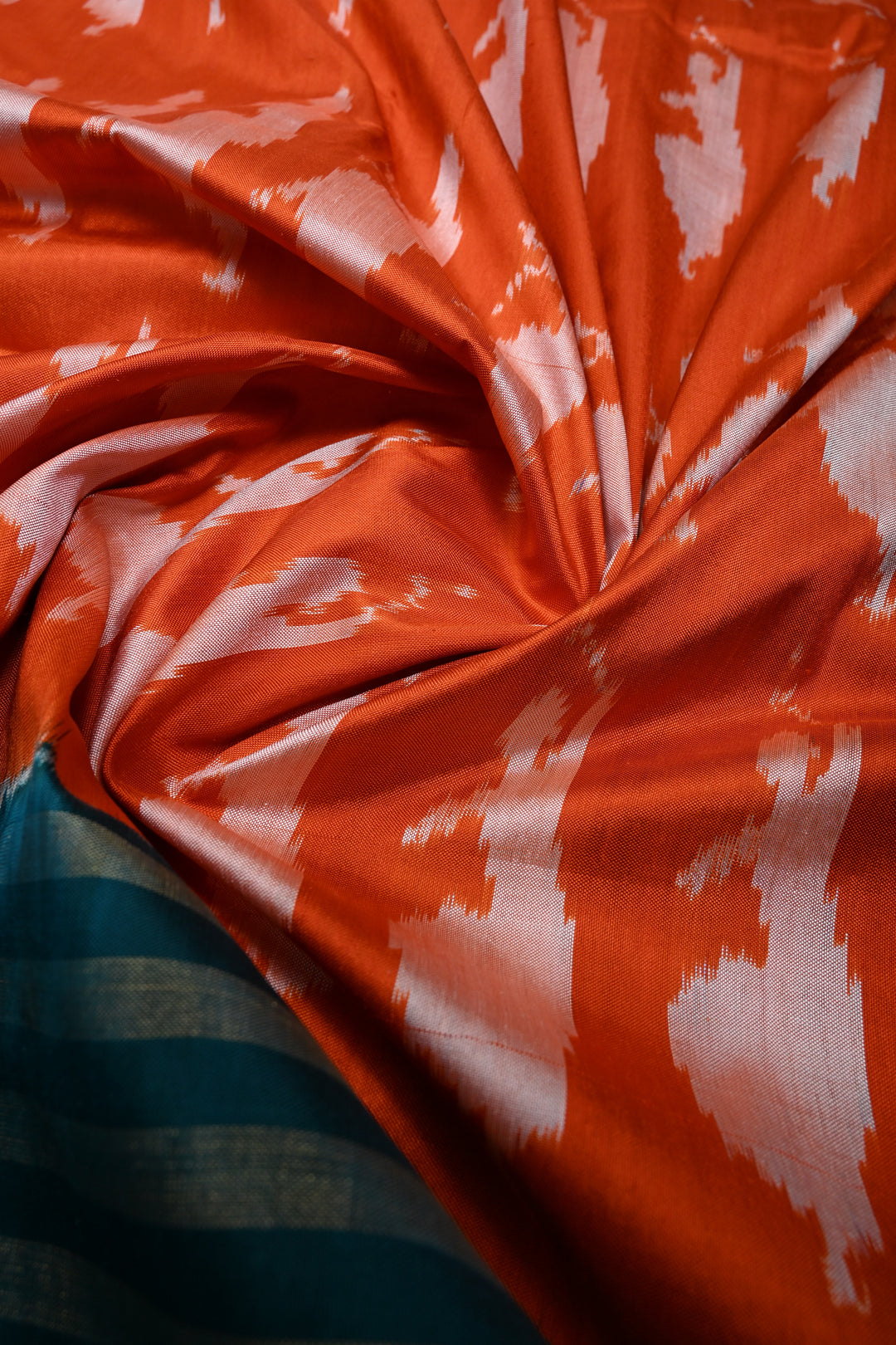 Orange  Pochampally Ikkat Pure Silk Saree with Dancing Ladies Design and Contrast Tissue Stripes Border | SILK MARK CERTIFIED | SHOBITAM
