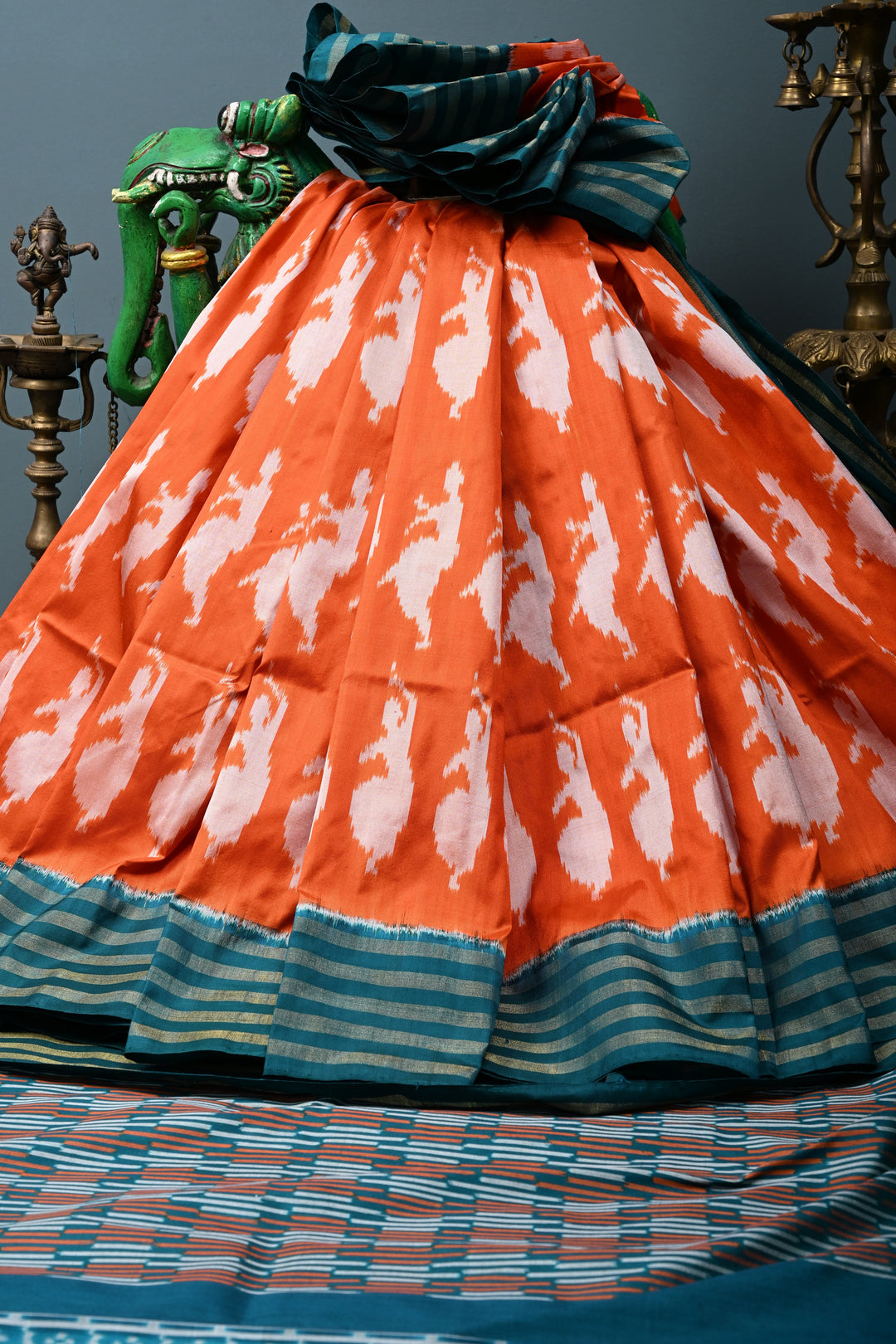 Orange  Pochampally Ikkat Pure Silk Saree with Dancing Ladies Design and Contrast Tissue Stripes Border | SILK MARK CERTIFIED | SHOBITAM