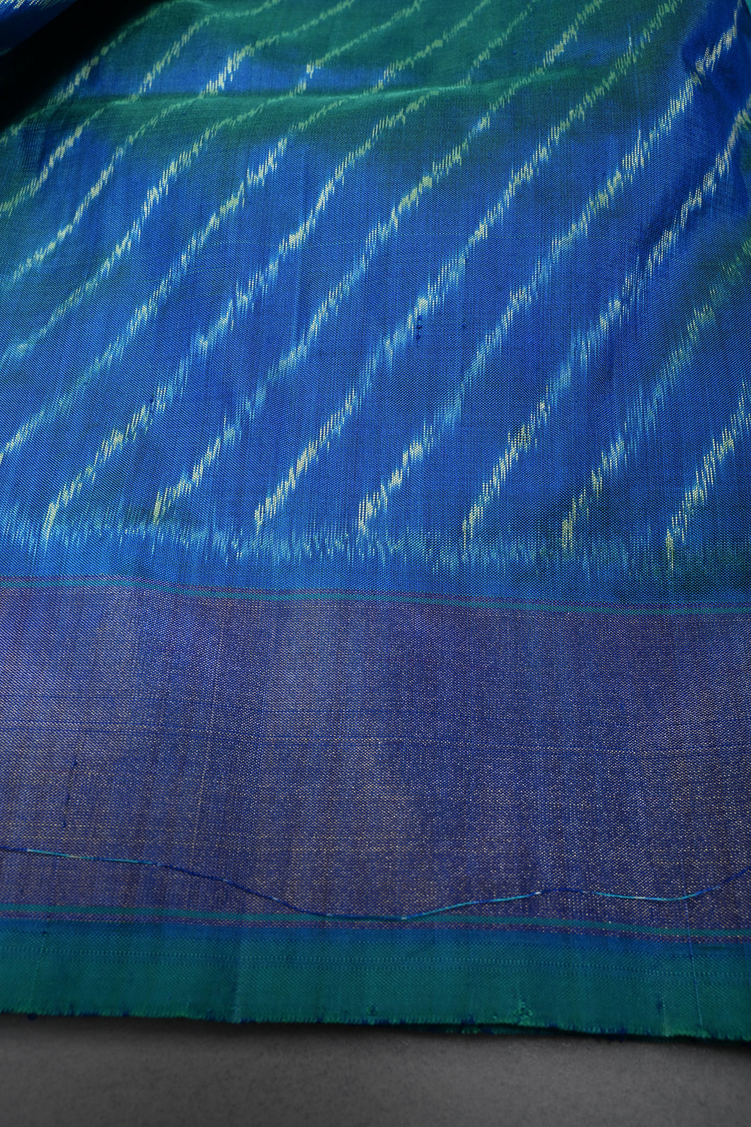 Blue-Green Dual Tone Pochampally Ikkat Pure Silk Saree with Geometric Brocade and Tissue Border | SILK MARK CERTIFIED | SHOBITAM