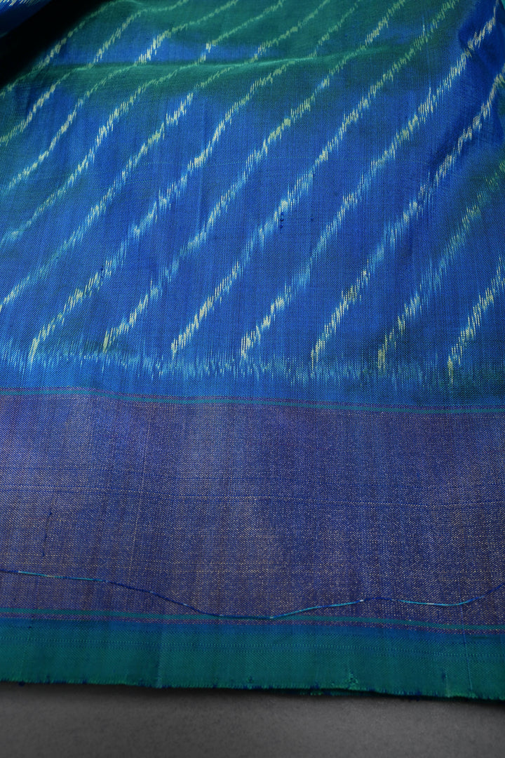 Blue-Green Dual Tone Pochampally Ikkat Pure Silk Saree with Geometric Brocade and Tissue Border | SILK MARK CERTIFIED | SHOBITAM