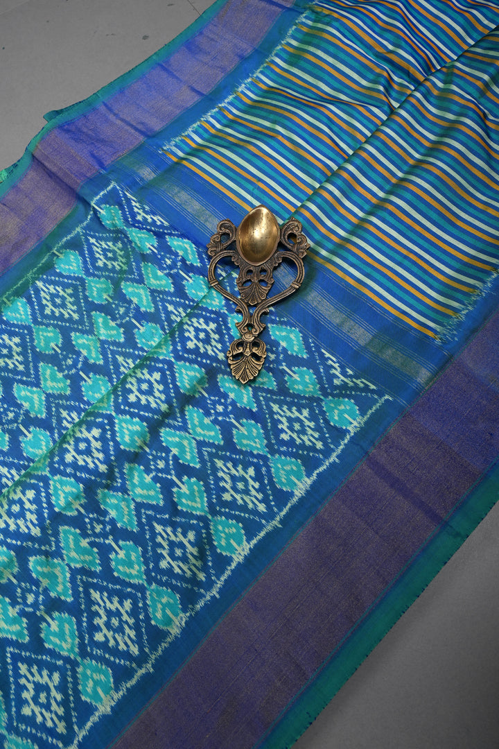 Blue-Green Dual Tone Pochampally Ikkat Pure Silk Saree with Geometric Brocade and Tissue Border | SILK MARK CERTIFIED | SHOBITAM