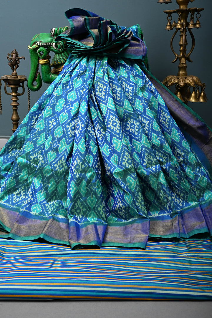Blue-Green Dual Tone Pochampally Ikkat Pure Silk Saree with Geometric Brocade and Tissue Border | SILK MARK CERTIFIED | SHOBITAM