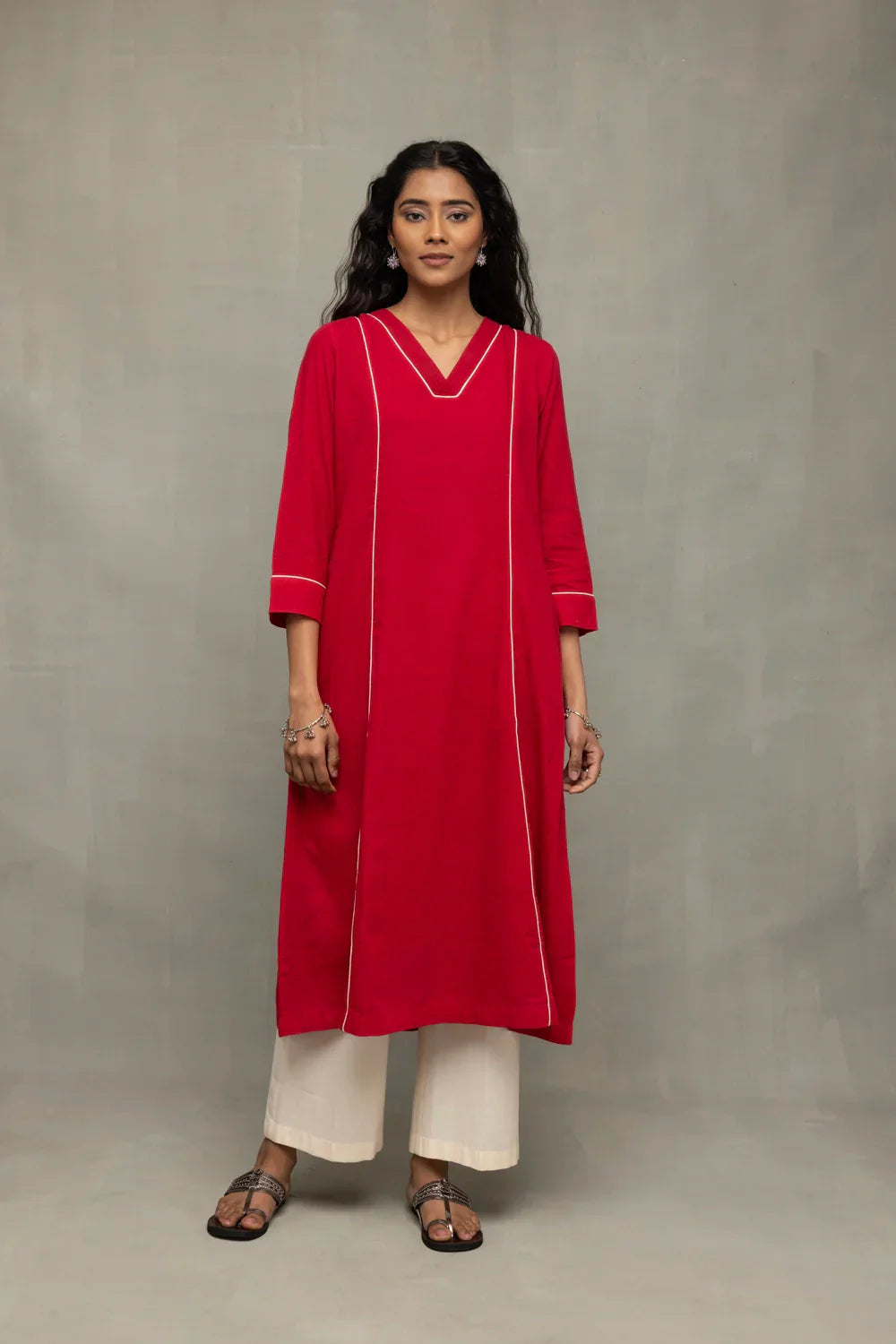 Red and White Jamdani Pujo Kurta Set With Dupatta | SHOBITAM