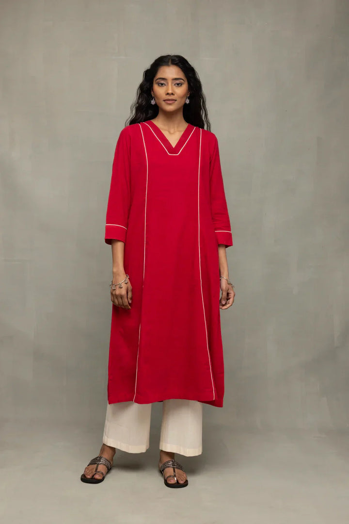 Red and White Jamdani Pujo Kurta Set With Dupatta | SHOBITAM
