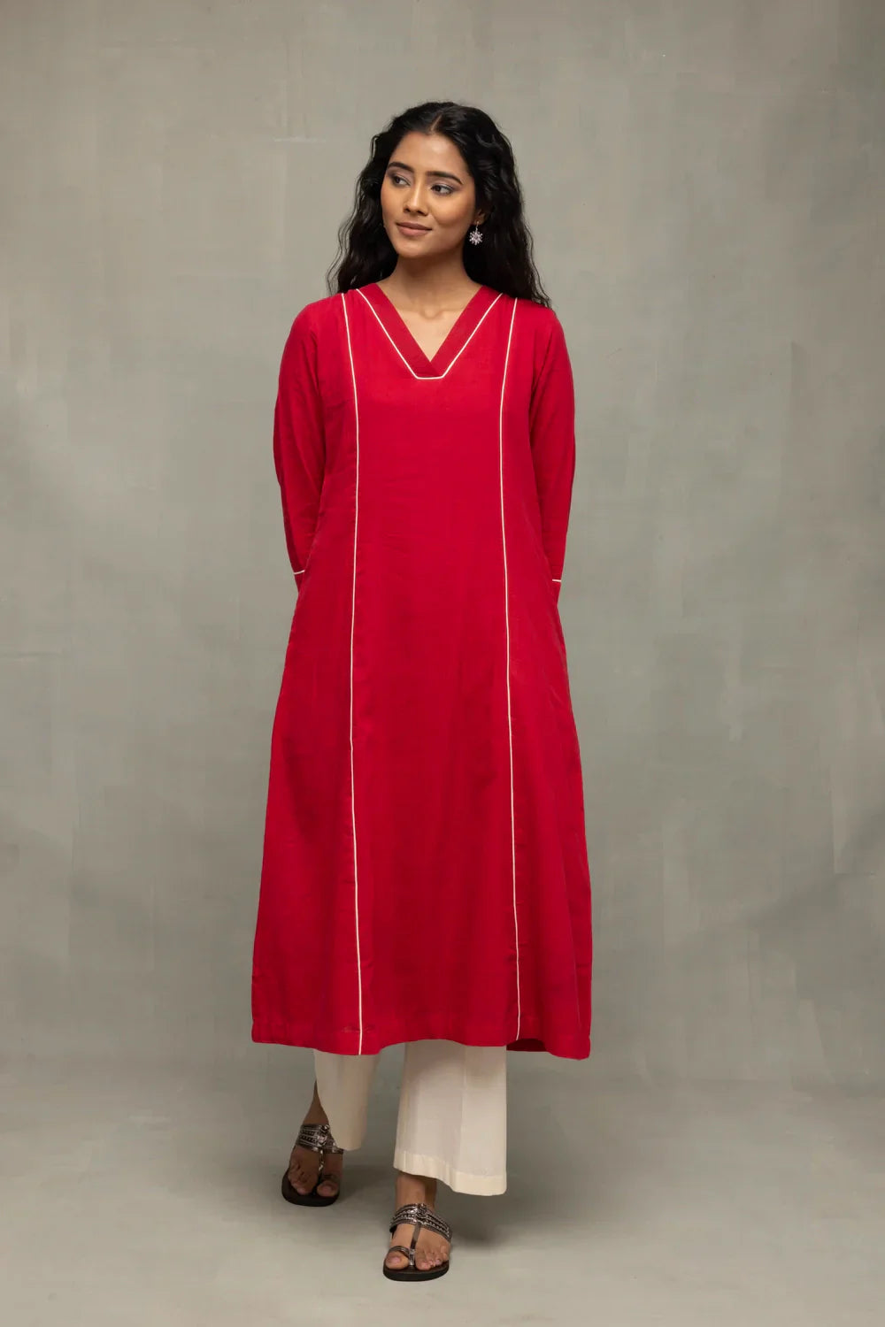 Red and White Jamdani Pujo Kurta Set With Dupatta | SHOBITAM