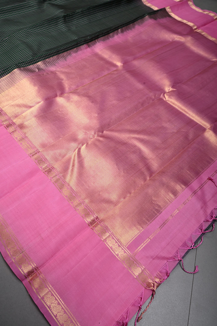 Forest Green Pure Kanjivaram Soft Silk Saree with Podi-Kattam Checks and Contrast Rettiapet Zari Border | SILK MARK CERTIFIED | SHOBITAM