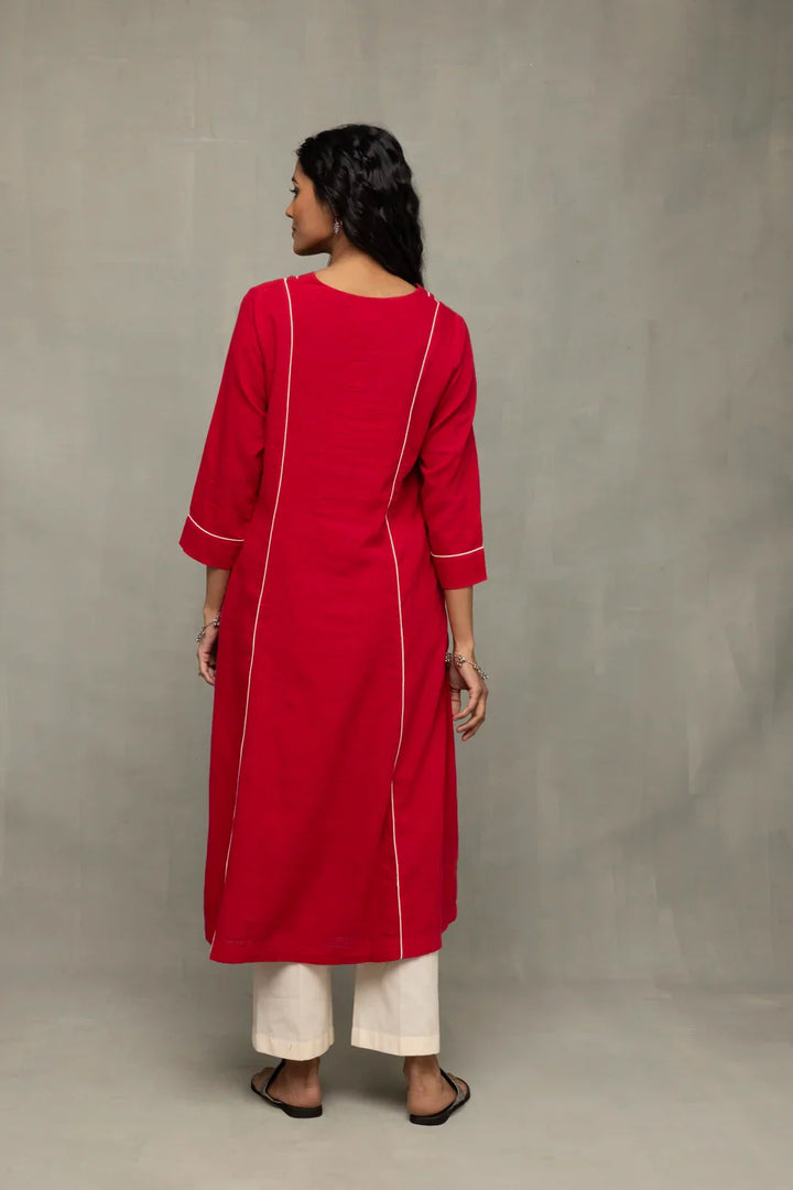 Red and White Jamdani Pujo Kurta Set With Dupatta | SHOBITAM
