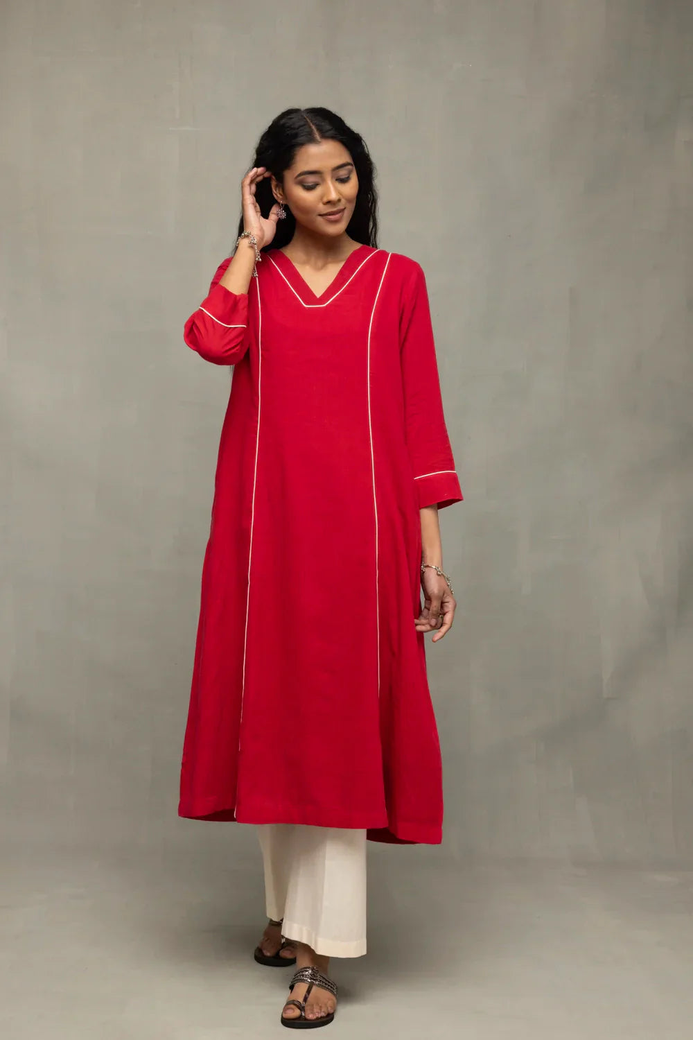 Red and White Jamdani Pujo Kurta Set With Dupatta | SHOBITAM