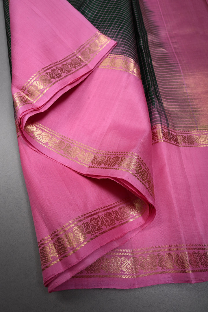 Forest Green Pure Kanjivaram Soft Silk Saree with Podi-Kattam Checks and Contrast Rettiapet Zari Border | SILK MARK CERTIFIED | SHOBITAM