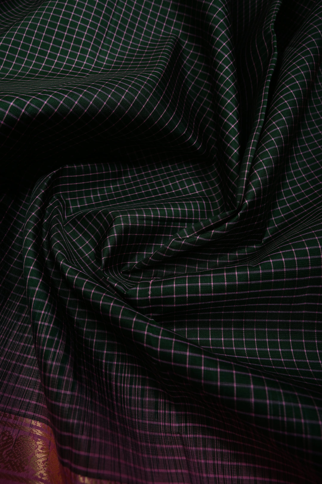 Forest Green Pure Kanjivaram Soft Silk Saree with Podi-Kattam Checks and Contrast Rettiapet Zari Border | SILK MARK CERTIFIED | SHOBITAM