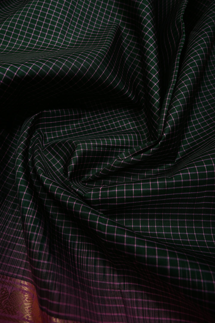 Forest Green Pure Kanjivaram Soft Silk Saree with Podi-Kattam Checks and Contrast Rettiapet Zari Border | SILK MARK CERTIFIED | SHOBITAM