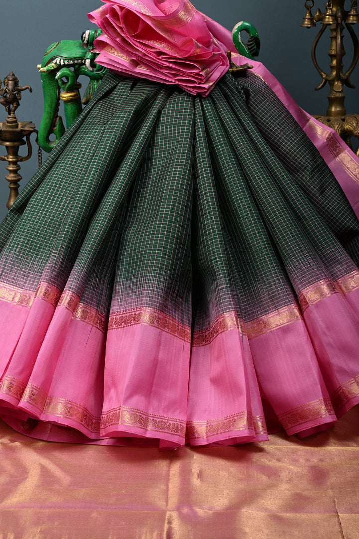 Forest Green Pure Kanjivaram Soft Silk Saree with Podi-Kattam Checks and Contrast Rettiapet Zari Border | SILK MARK CERTIFIED | SHOBITAM
