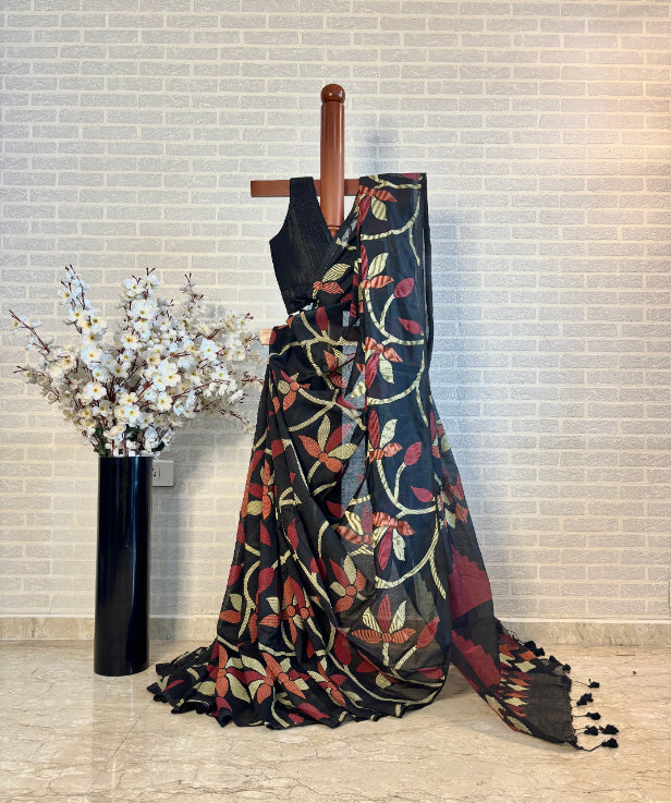 Not A Blank Canvas - Black Handloom Print Sarees | SHOBITAM
