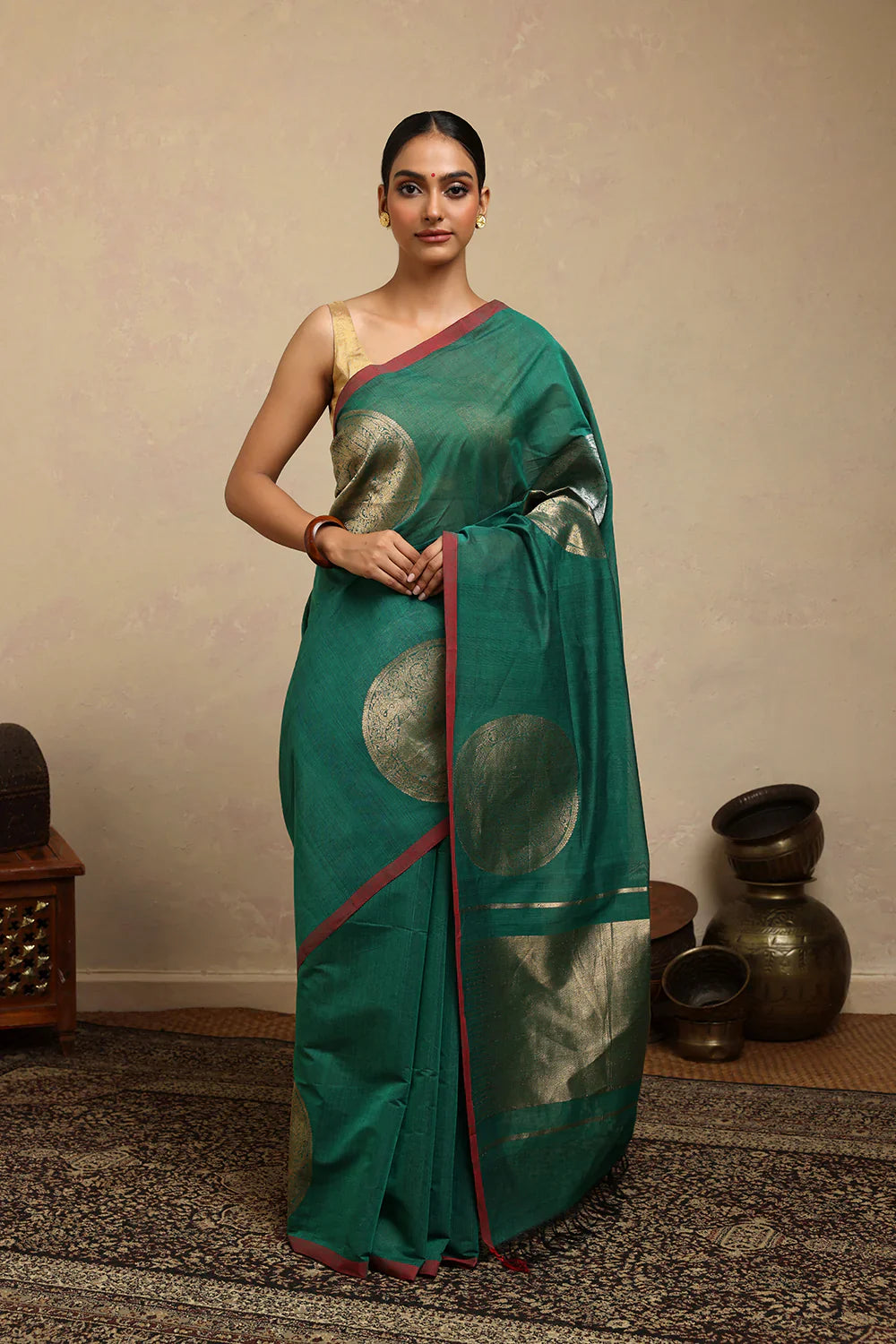 Handloom Forest Green Duo Tone Coin Motifs Kanchi Cotton Saree | SHOBITAM
